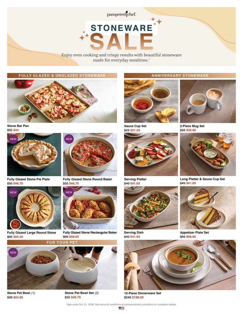 October Stoneware Sale flyer showing fully glazed and unglazed stoneware pieces, pet bowls, and the Anniversary Stoneware collection all on sale.