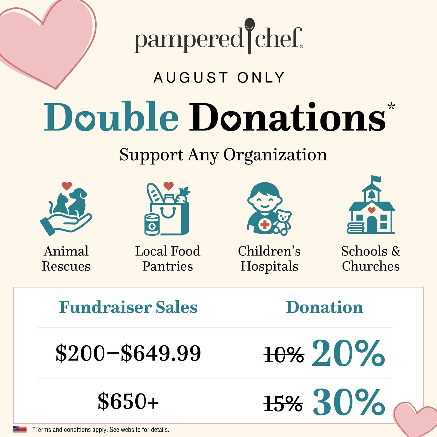 🙋 Quick question for my friends and followers —

Do you know anyone involved with...
🐾 An animal rescue or shelter
🏫 A school, PTA, or booster club
⛪ A church or faith community
❤️ Any nonprofit or charitable cause

Because August is the BEST month of the year to host a Pampered Chef FUNdraiser — Pampered Chef is doubling their contribution this month only!

That means your favorite cause raises MORE money, with LESS effort, selling products people genuinely love and use every day.

TAG someone below who leads or volunteers with a worthy cause 👇 — or comment CAUSE and I'll reach out to YOU directly!

Let's help something good happen this August. 🥄