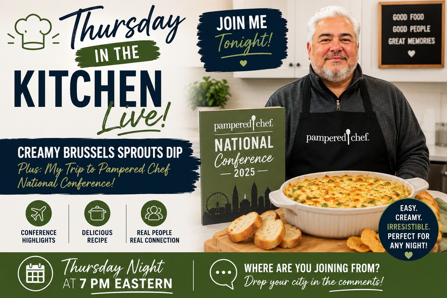 Join me tonight at 7pm eastern where we will make a delicious Brussel Sprout Dip and talk about my trip to Pampered Chef's National Conference.